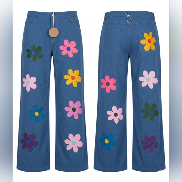BiBi Blue Boot-Cut Pants with Multicolor Flower Motifs - Picture 2 of 12